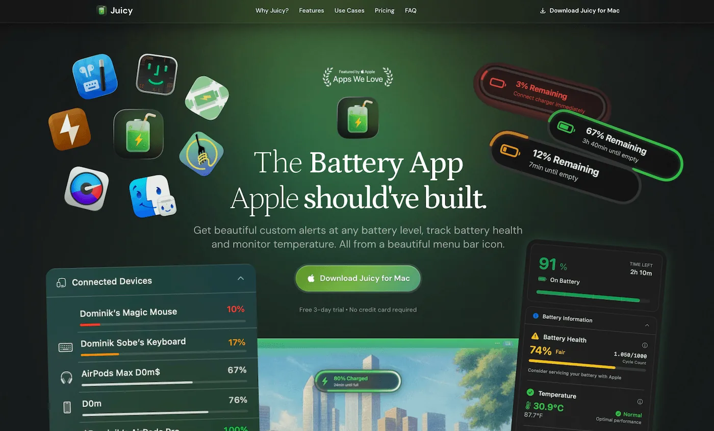 Juicy's beautiful notch-anchored battery alerts on macOS
