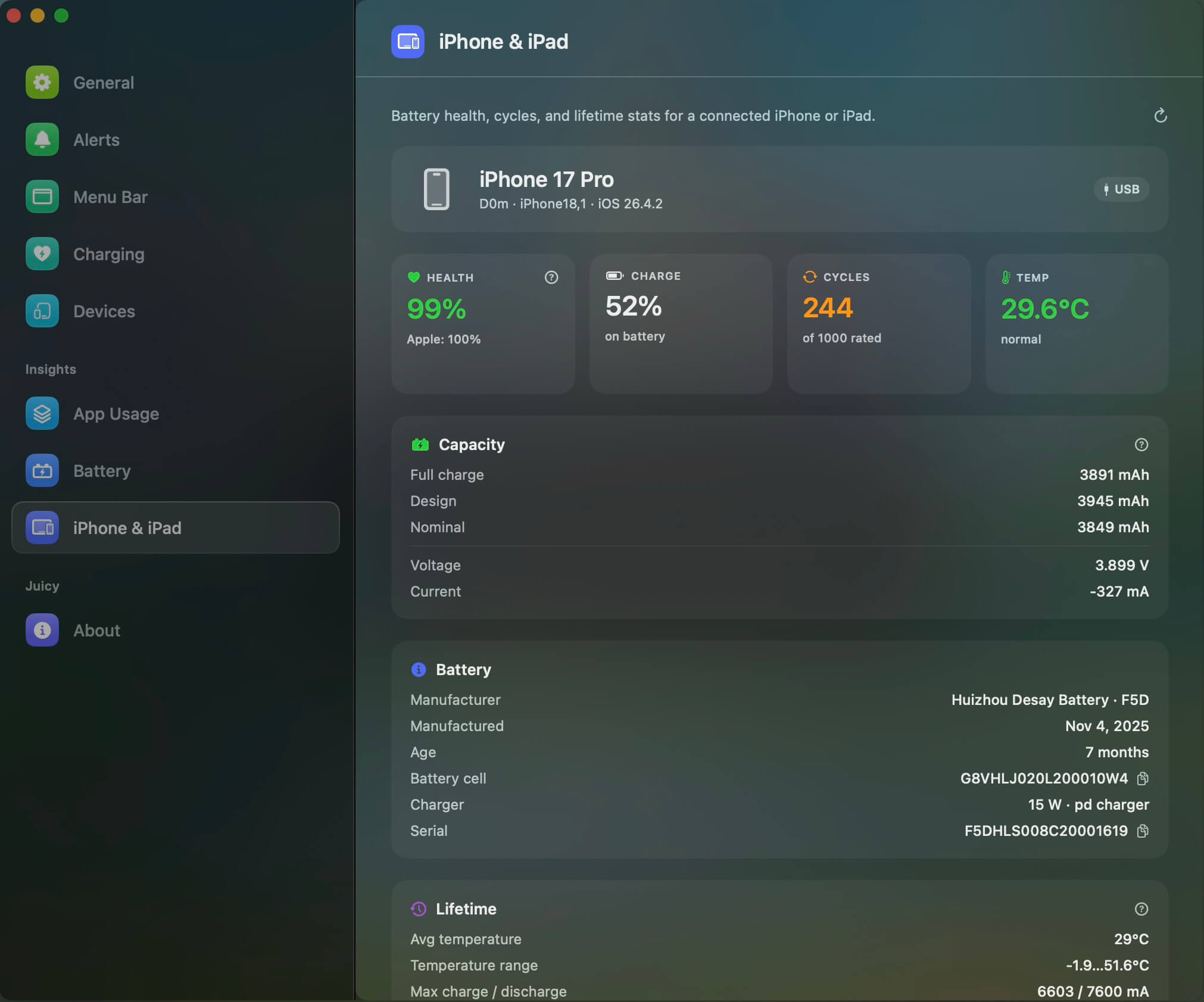 Juicy showing iPhone battery health on a Mac, 99% real health, 245 cycles of 1000, temperature and full capacity stats