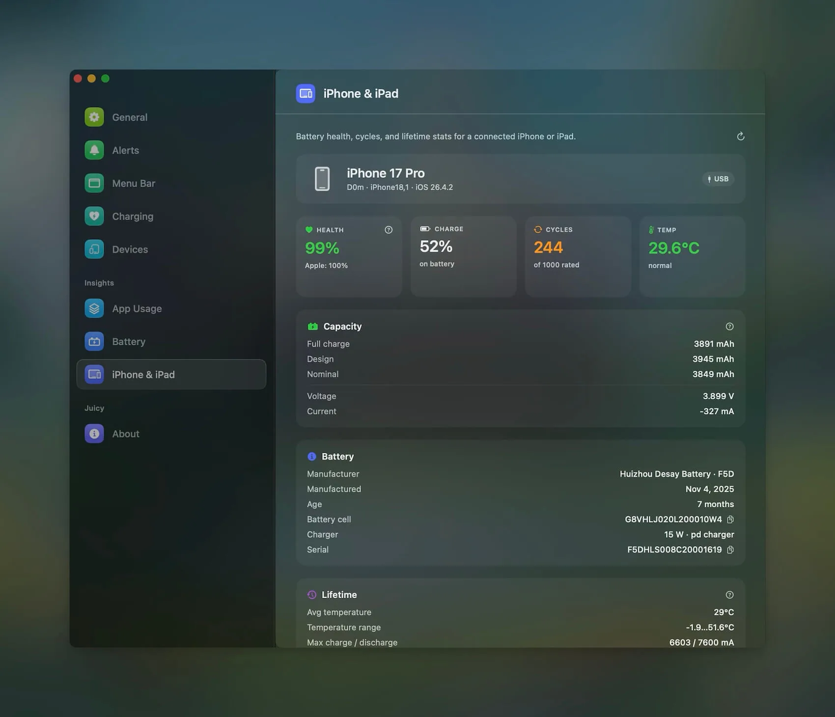 Juicy on Mac showing an iPhone's health percentage, cycle count and capacity trend over time