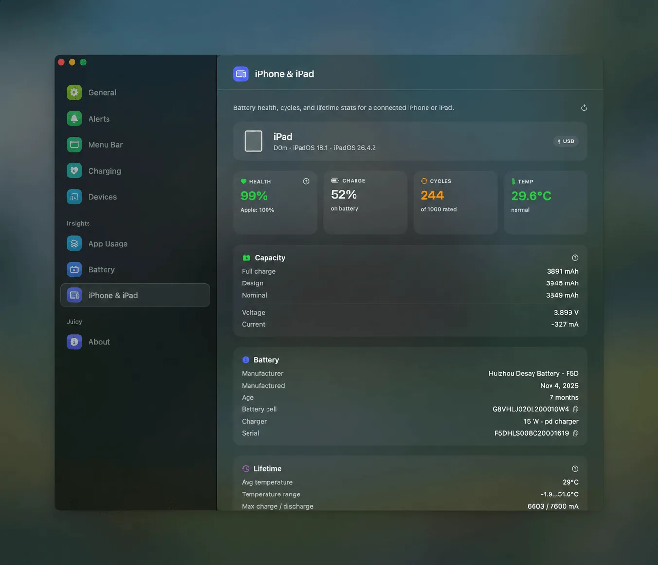 Juicy on the Mac reading a connected iPad's battery health percentage, cycle count and temperature