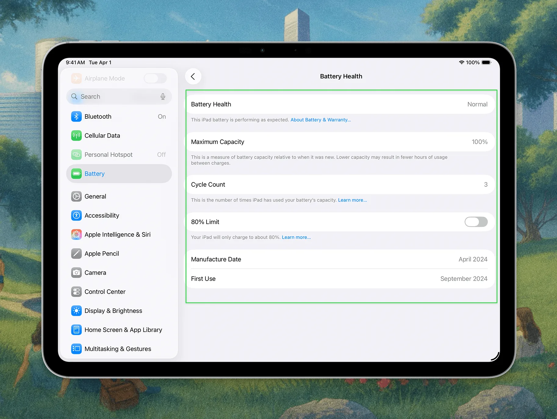 iPad Settings, Battery on a newer iPad showing the Battery Health row with Maximum Capacity