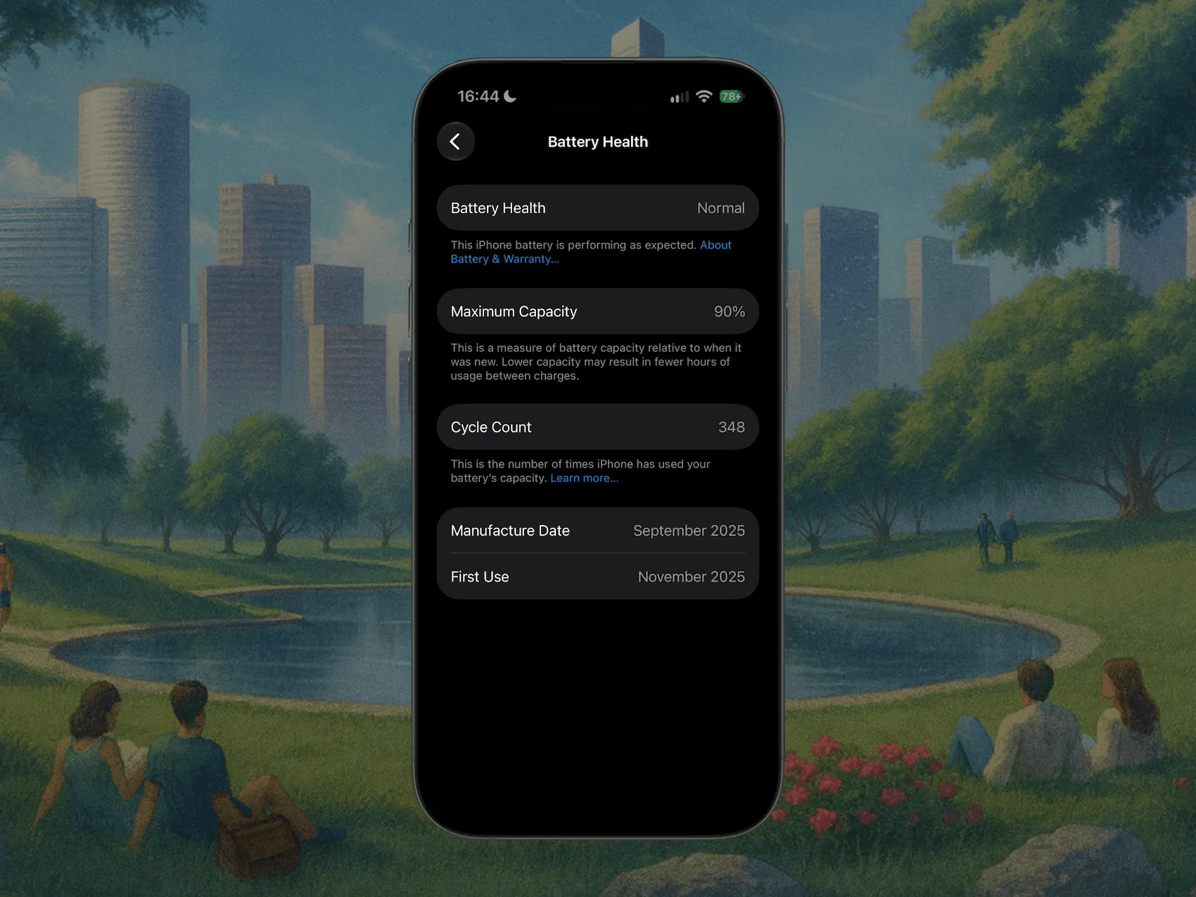  iPhone Settings > Battery > Battery Health showing Maximum Capacity percentage