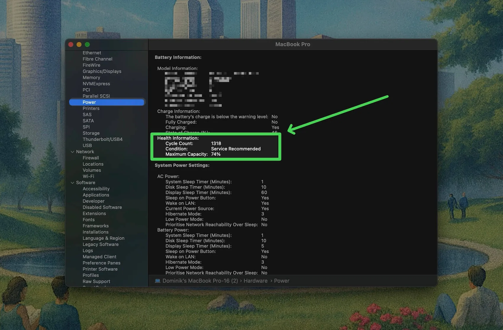 Mac System Information > Power pane with Maximum Capacity highlighted