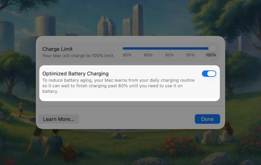 System Settings > Battery > Battery Health info panel with the Optimized Battery Charging toggle