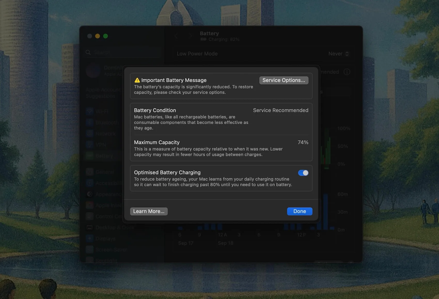 System Settings > Battery showing Battery Health: Service Recommended Insights