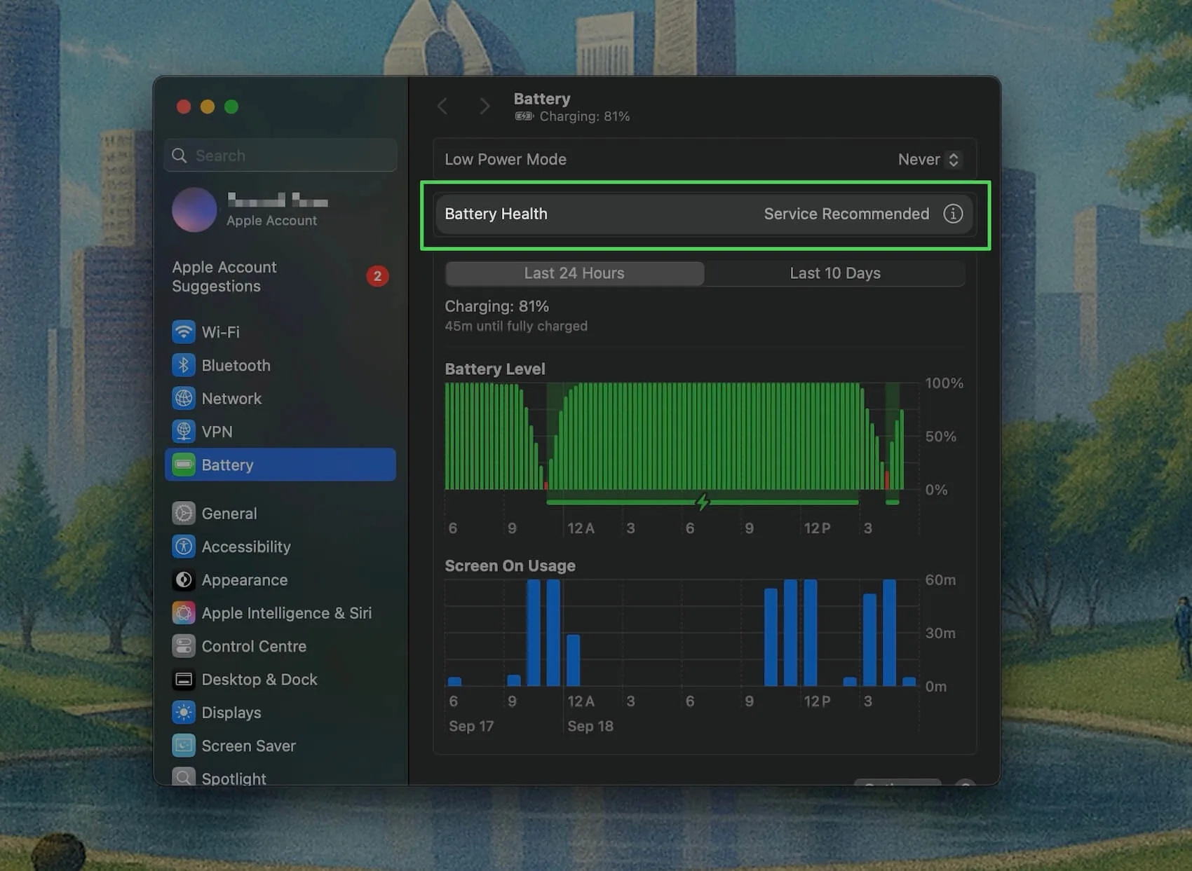 System Settings > Battery showing Battery Health: Service Recommended