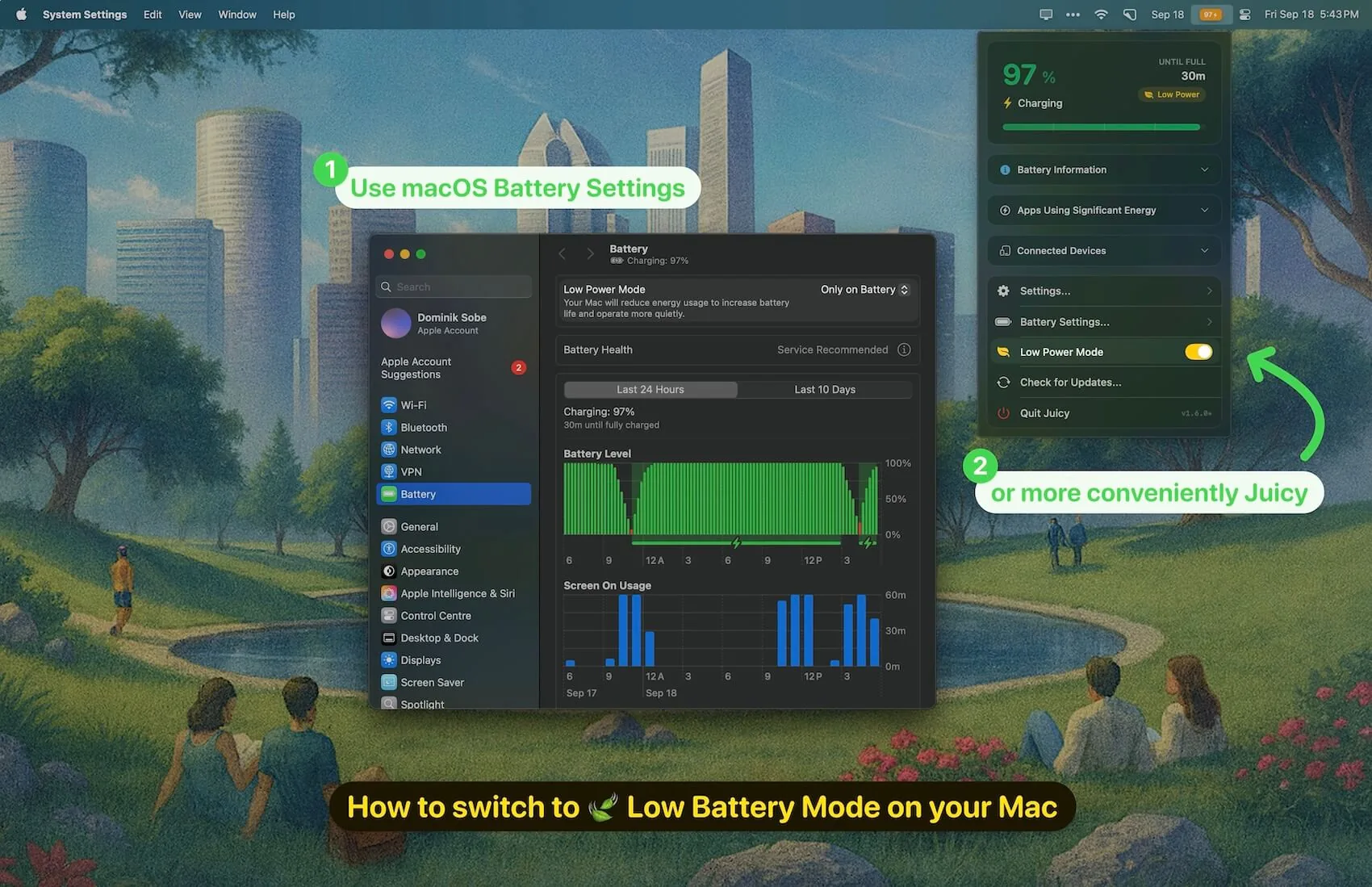  System Settings > Battery > Low Power Mode dropdown set to Only on Battery 