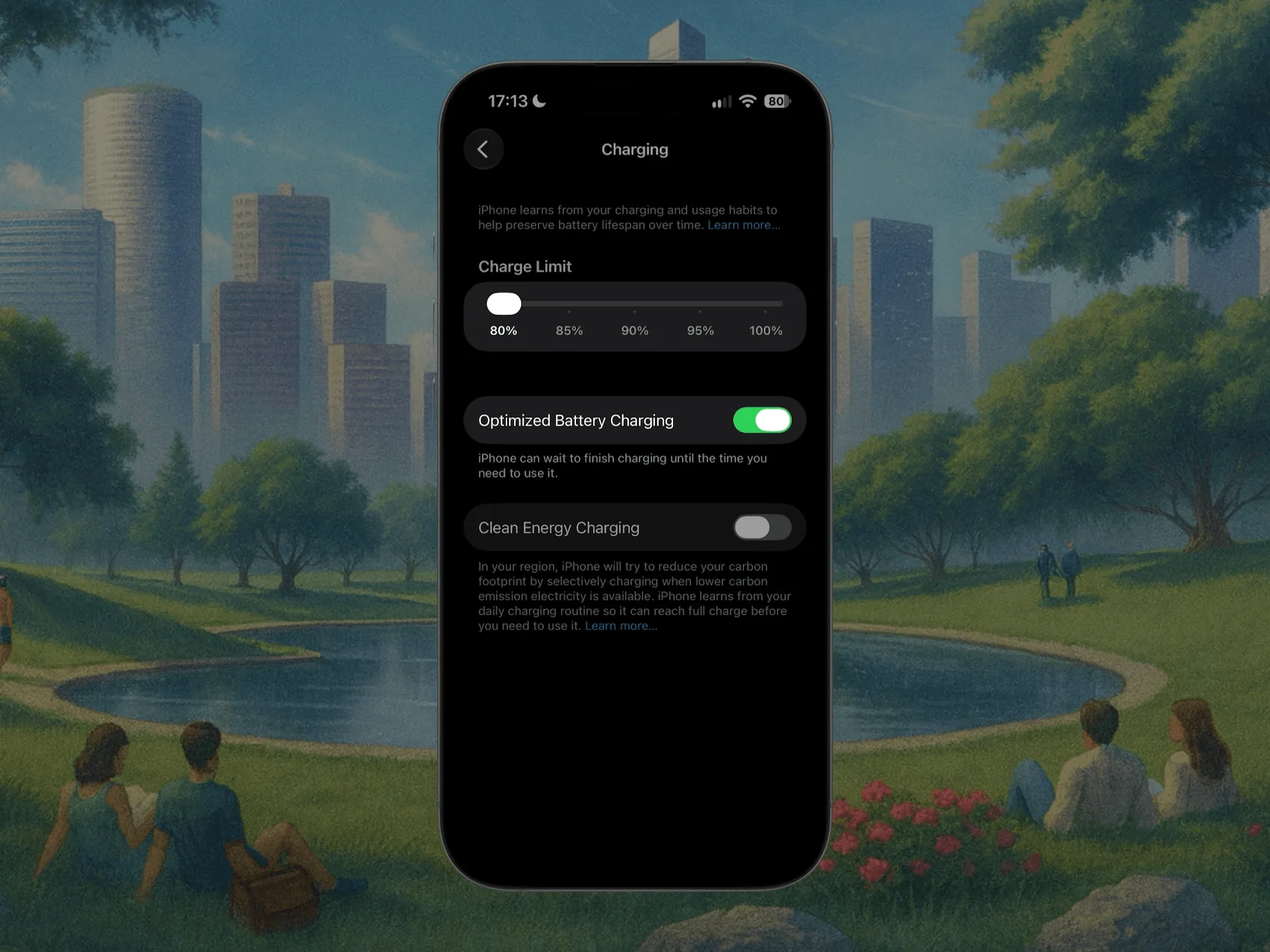 iPhone Settings > Battery > Charging showing Optimized Battery Charging toggle