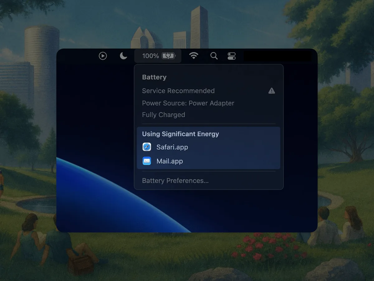 menu bar battery dropdown showing "Using Significant Energy"
